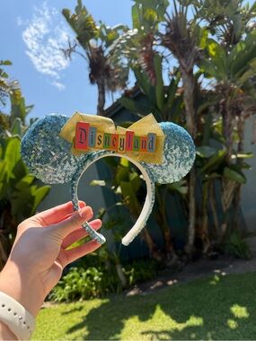 Disney Aqua Sequin Mouse Ear Headband with Gold Disneyland Bow